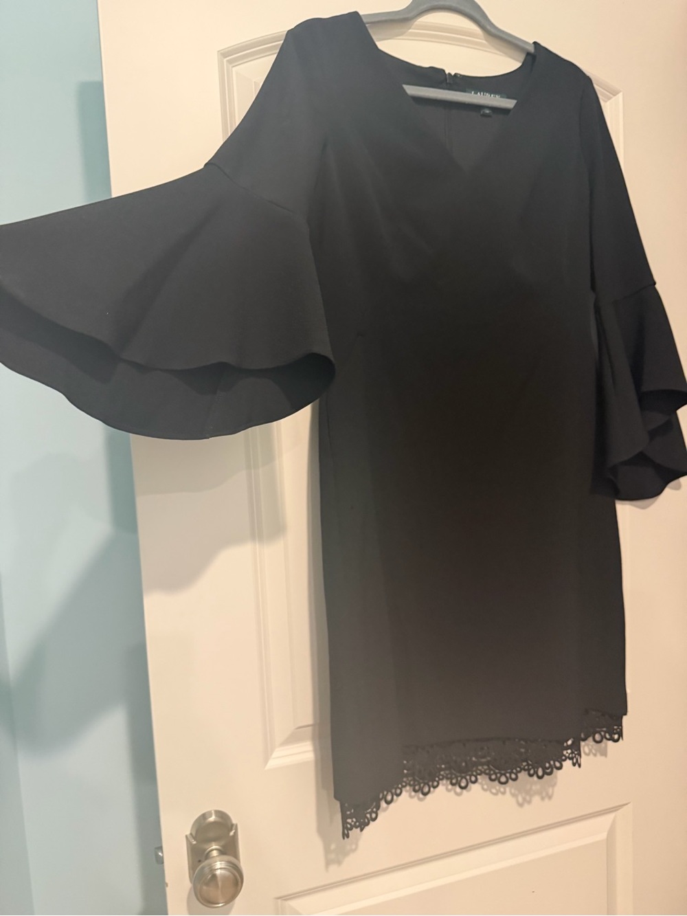 Ralph Lauren Black Midi Dress with Tiered Flounce Sleeves and Lace Hem